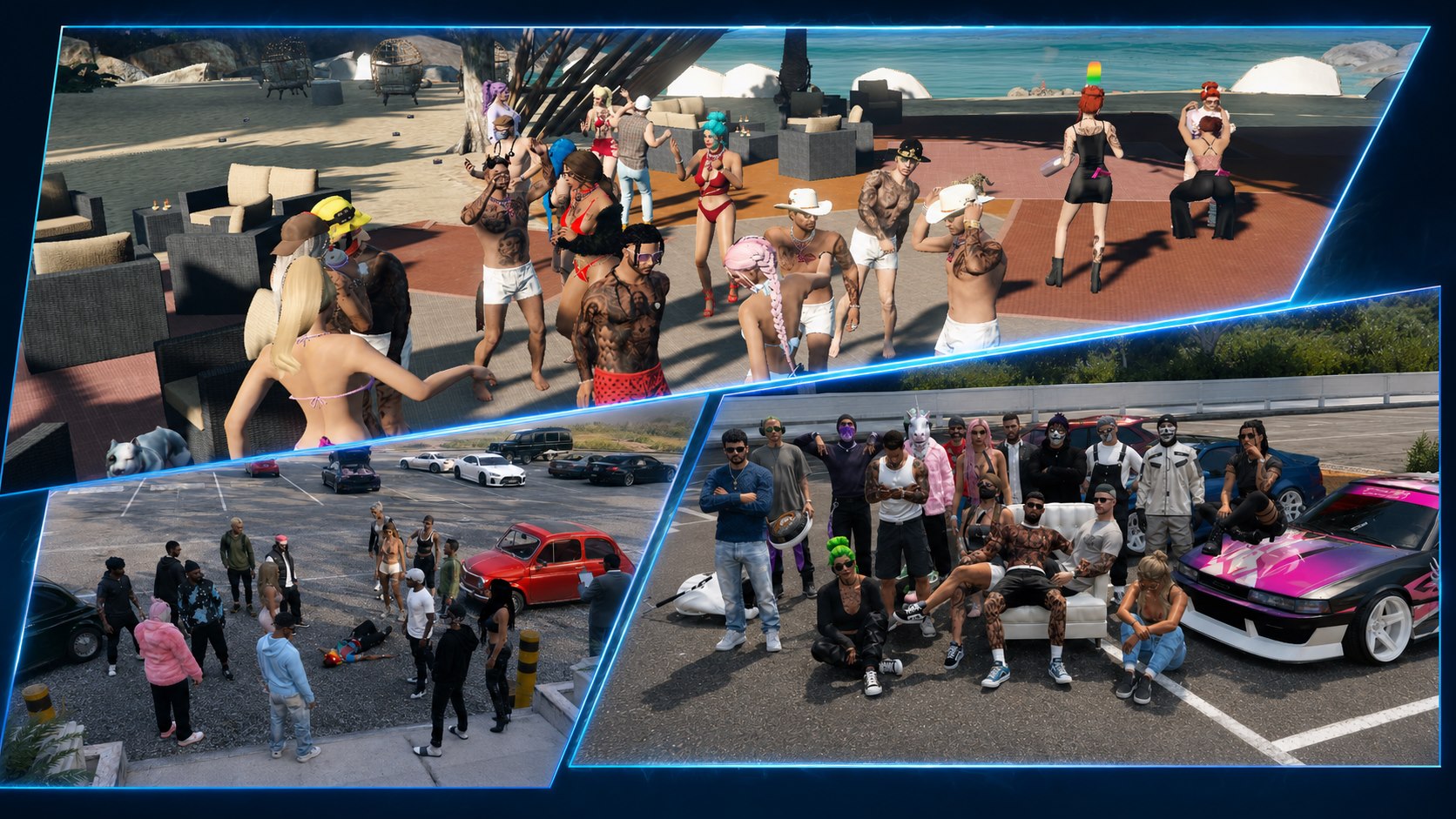 A montage of RGN Roleplay community gatherings, city life, and player vehicles